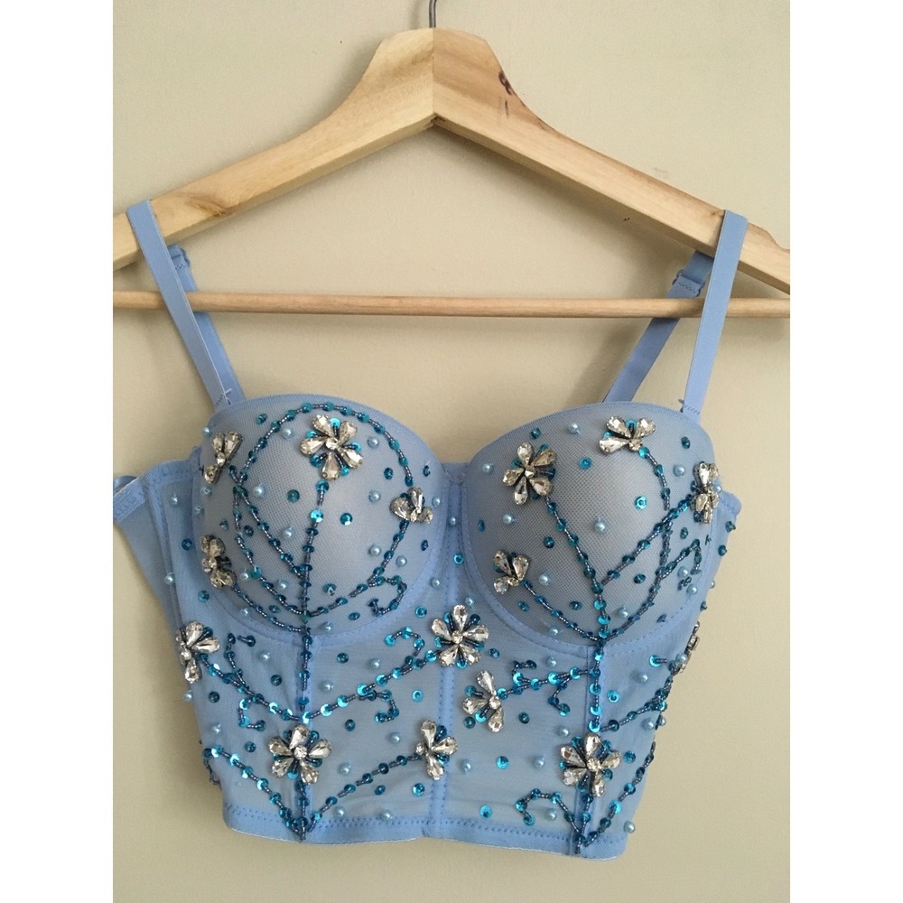 Windsor Light Blue Beaded Floral Corset Sweetheart Bustier XS